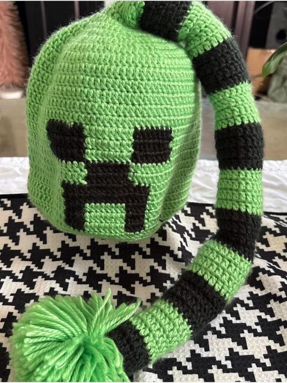 Green Creeper Knit Pom Beanie Hat for Kids